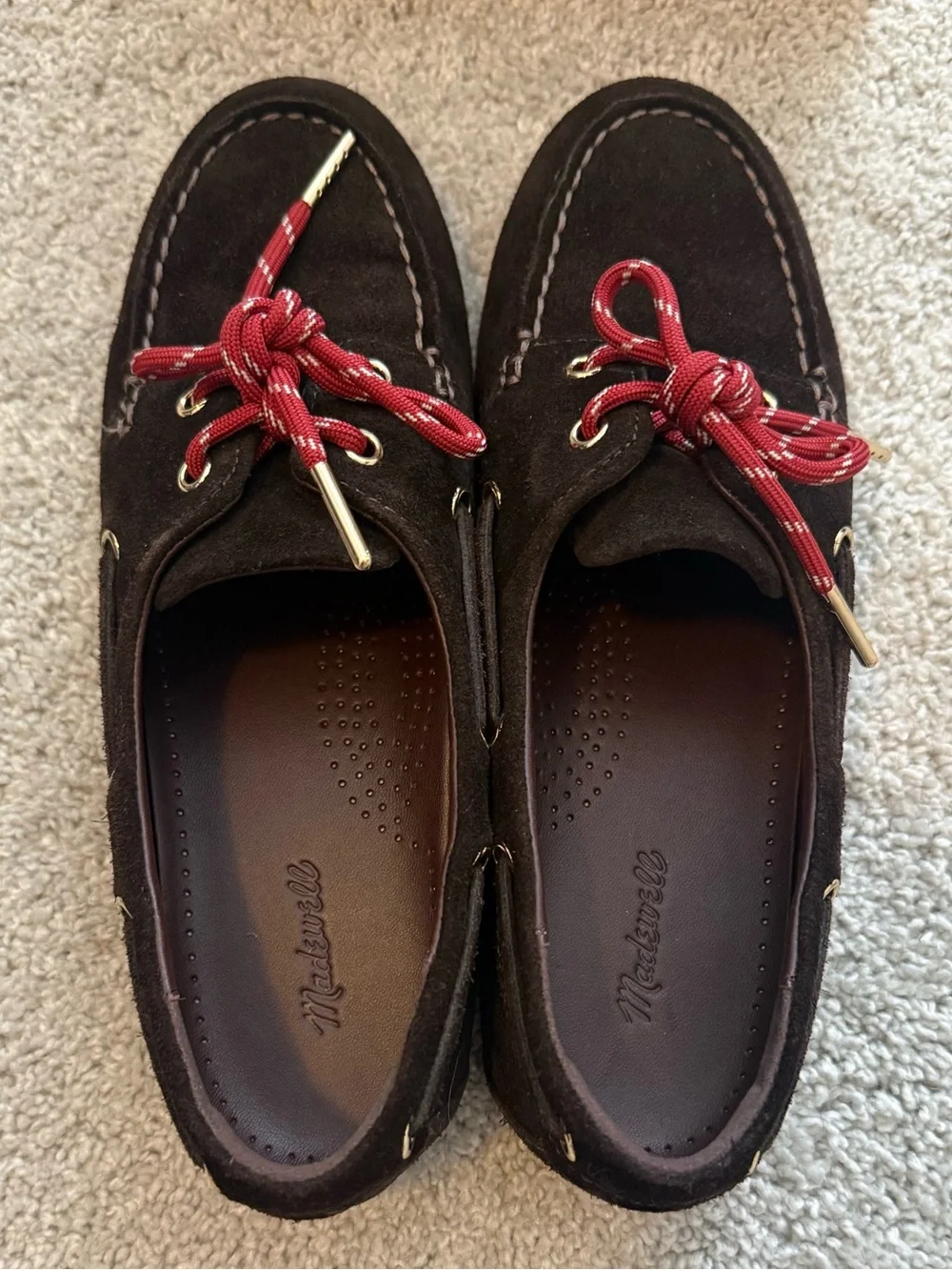 Madewell EUC Womens 7.5 Dark Brown Suede Jamie Boat Shoes with Red Laces